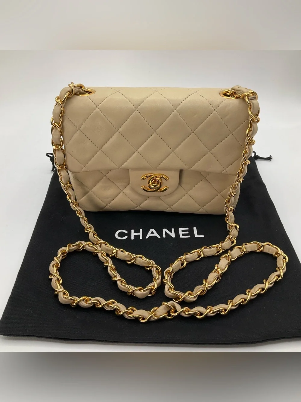 Chanel Classic Mini Flap Beige Quilted Lambskin Leather Gold Chain Shoulder Bag